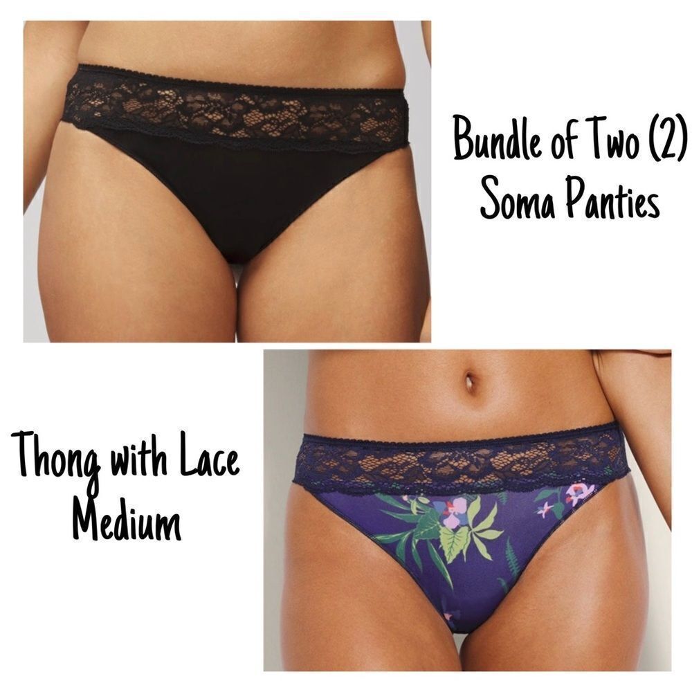 NWT New Sealed Soma Lot of Two (2) Vanishing Edge Thong Panties w/Lace Trim M